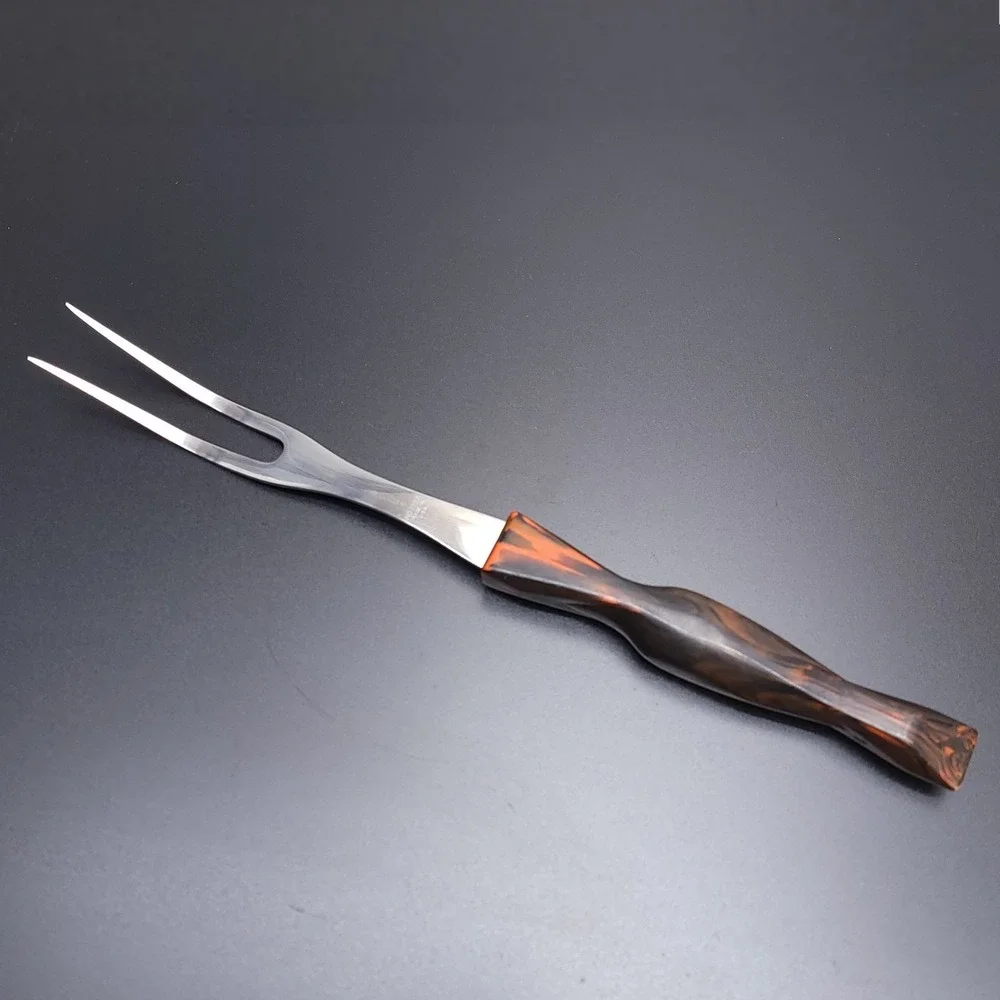 CUTCO 1727 Carving Fork Stainless Steel Two Prong Orange Brown Handle USA‎